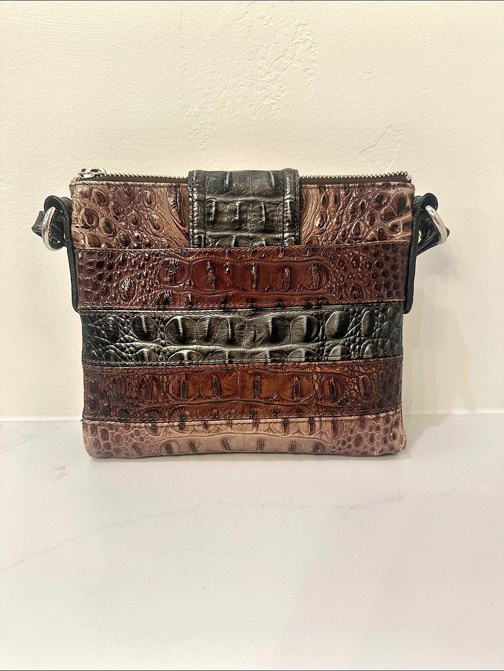 Brahmin Leather Crocodile Embossed Crossbody in Brown & Black